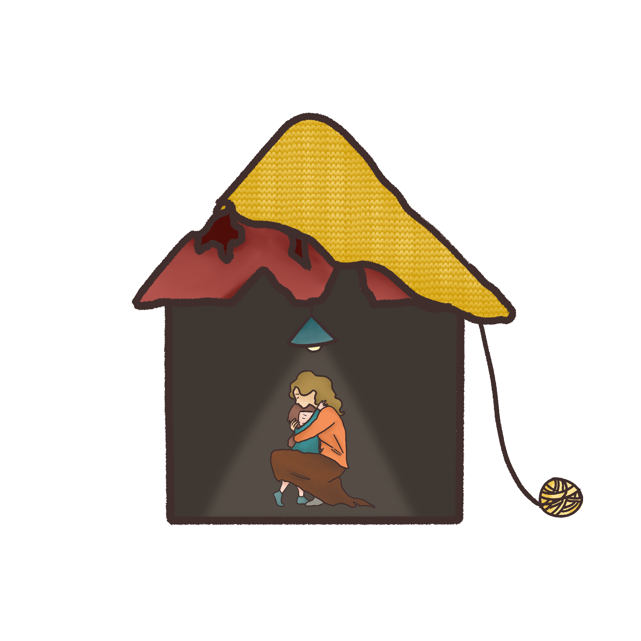 Illustration of a parent holding a child inside a house patched with yarn