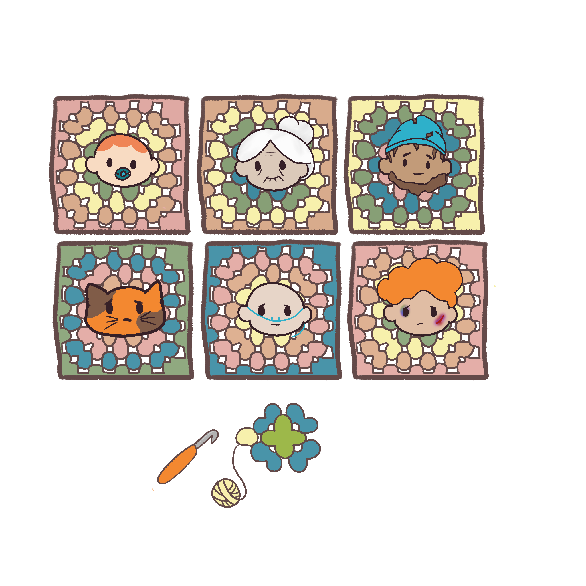 Illustration of six crocheted granny squares with chibi faces representing different people and a cat